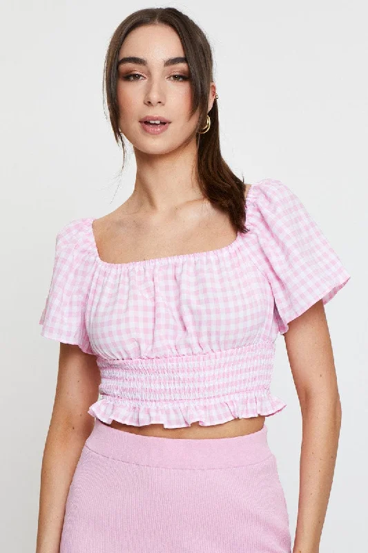 Check Crop Top Off Shoulder Cozy Women's Sherpa - lined