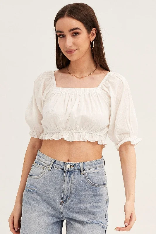 White Crop Top Puff Sleeve Frill Edge Sustainable Organic