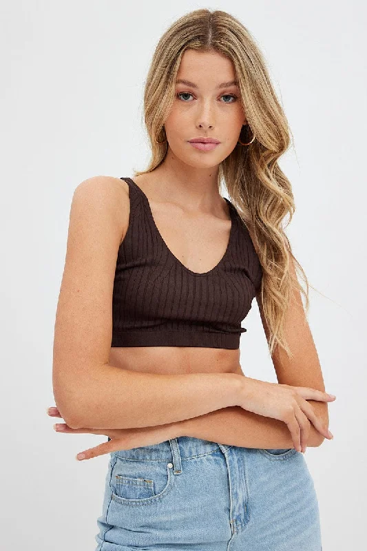 Brown Tank Top V Neck Seamless Vintage Women's 1970S 