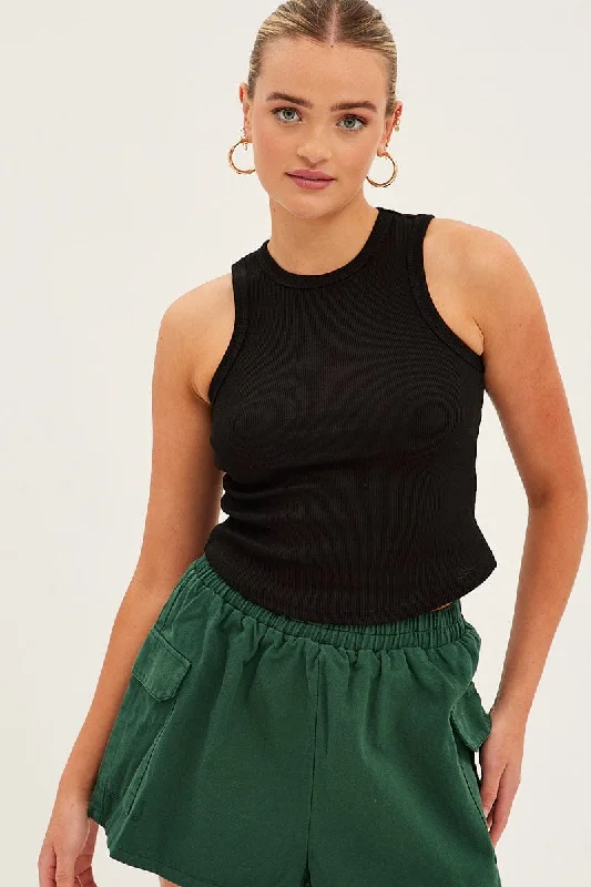 Black Crew Tank High Neck Curved Hem Sleeveless European