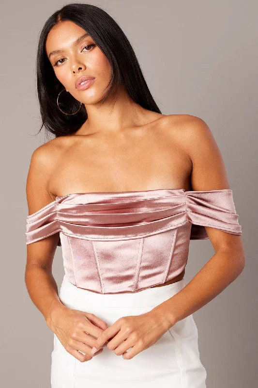 Pink Corset Top Off Shoulder Satin Cozy Women's Winter