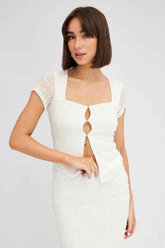 White Top Short Sleeve Sweetheart Keyhole Hook & Eye Sophisticated Women's 