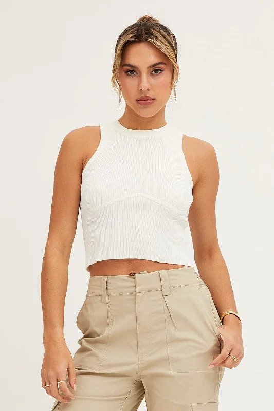 White Knit Top Sleeveless Crop Round Neck Refined Women's 