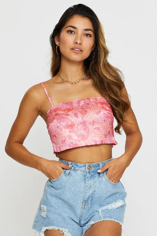 Print Cami Top Crop Satin Laid - back Women's Style