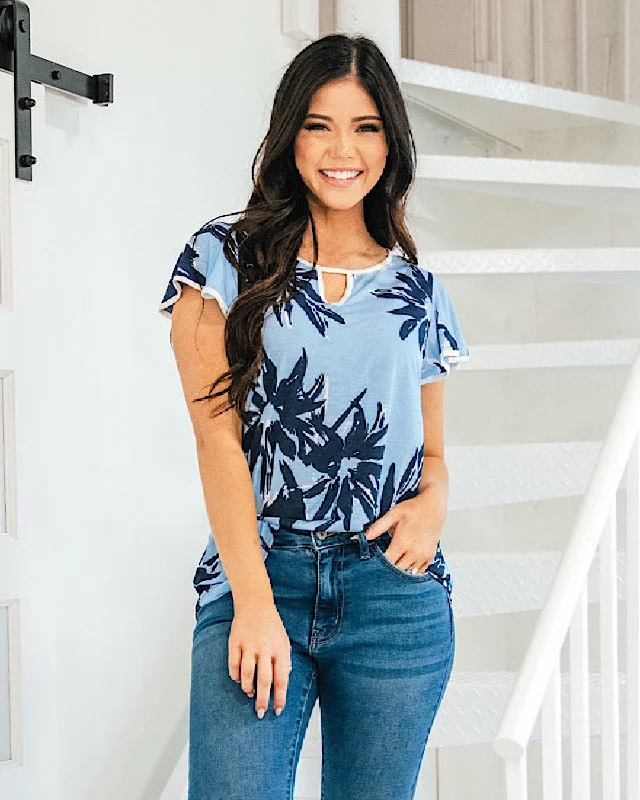 Jess Blue Floral Flutter Sleeve Keyhole Top FINAL SALE Women