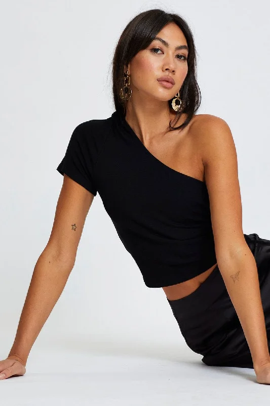 Black Crop Top One Shoulder Traditional Women's Wool
