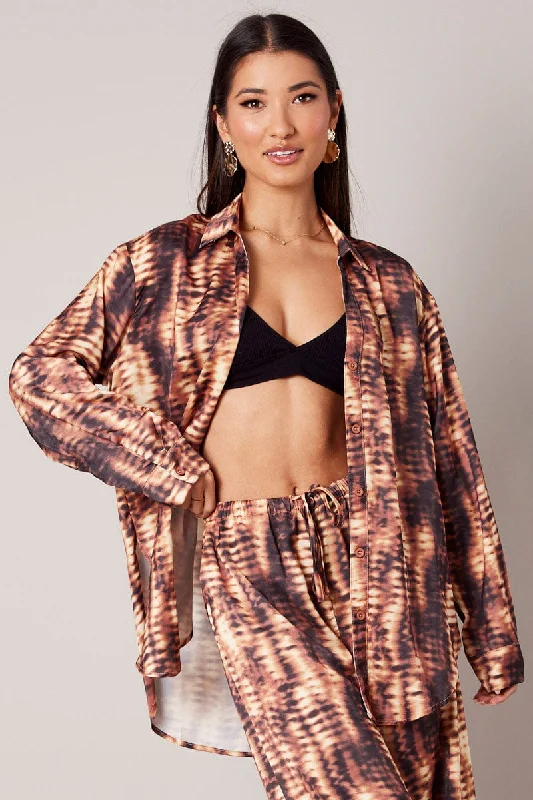 Brown Abstract Relaxed Shirt Long Sleeve Satin Cashmere