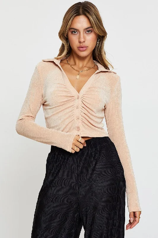 Beige Jersey Shirt Long Sleeve Ruche Contemporary 