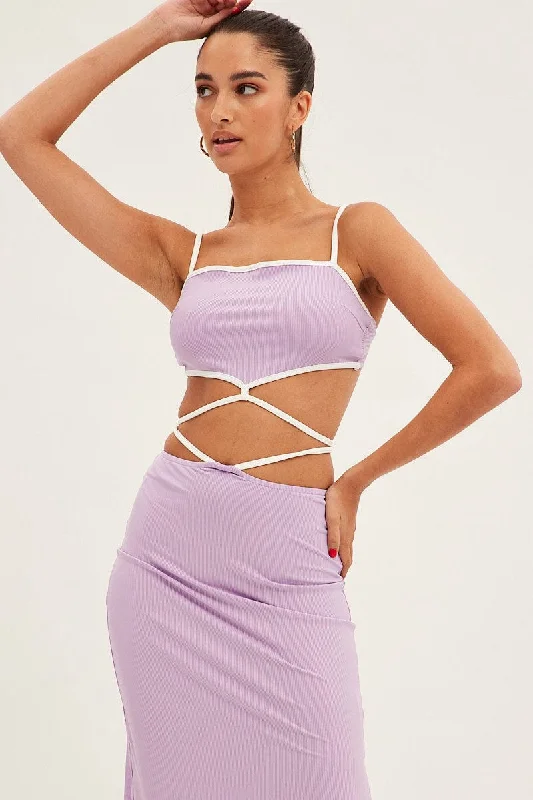 Purple Tie Top Sleeveless Crop Contrast Ribbed Stylish Women's Tropical 