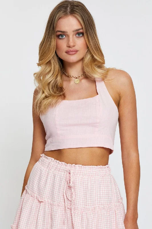 Pink Halter Top Sleeveless Crop Cool Women's Distressed