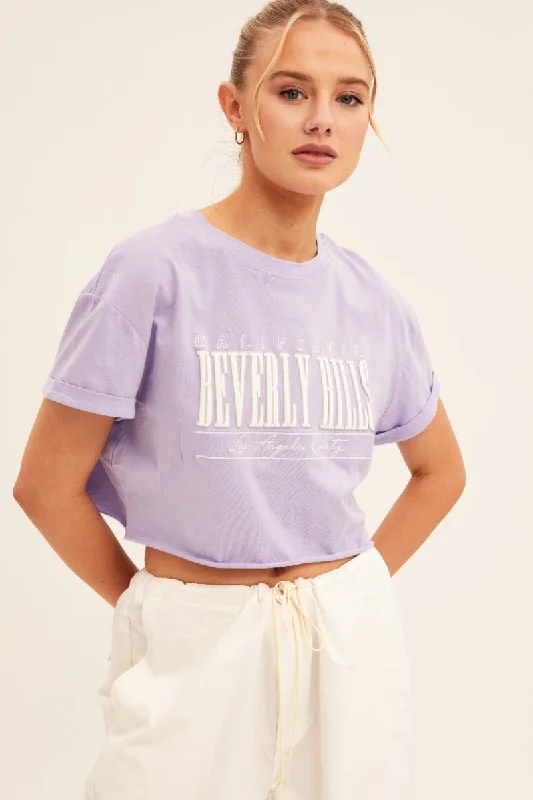 Purple Graphic T Shirt Short Sleeve Round Neck Crop Hip Women's Retro