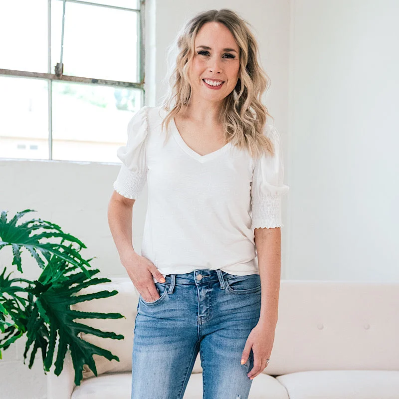 Teryn Smocked Sleeve V Neck Top - Vintage White FINAL SALE Athletic Women's 