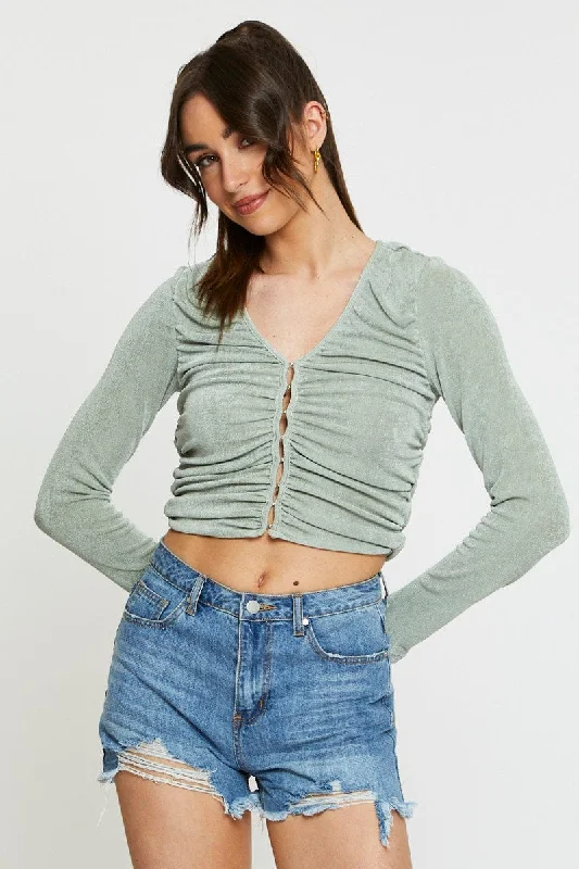 Green Crop Cardigan Long Sleeve Cashmere