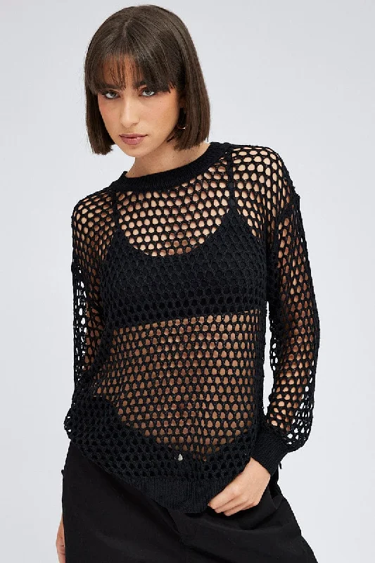 Black Oversized Knit Top Crew Neck Sleek Women's 