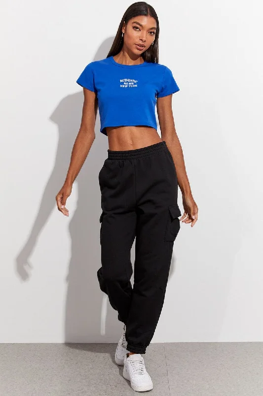 Blue Graphic Top Short Sleeve Cool Women's Distressed