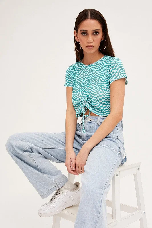 Multi Abstract Baby Tee Cropped Drawstring Crew Neck Cool Women's Distressed