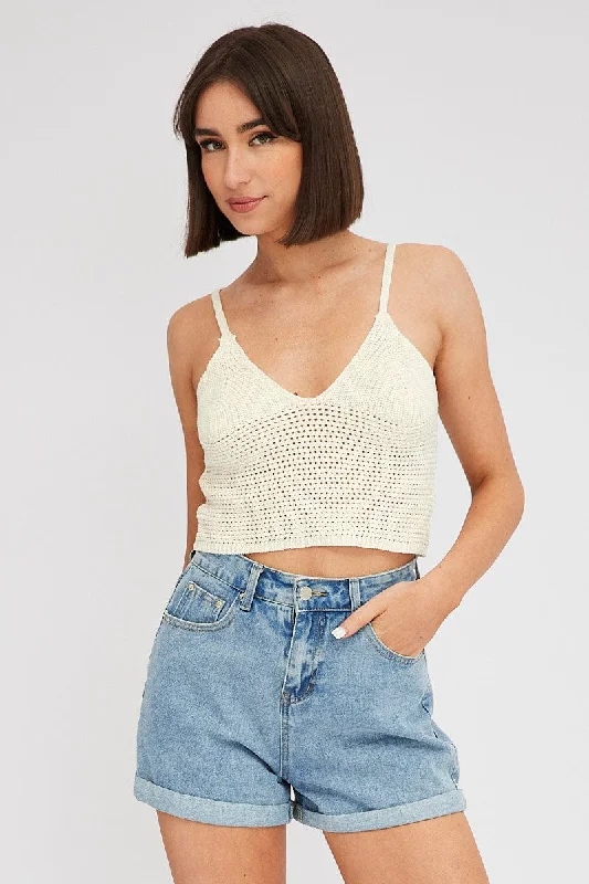 Beige Crochet Singlet Top V Neck British Gentlewoman Style