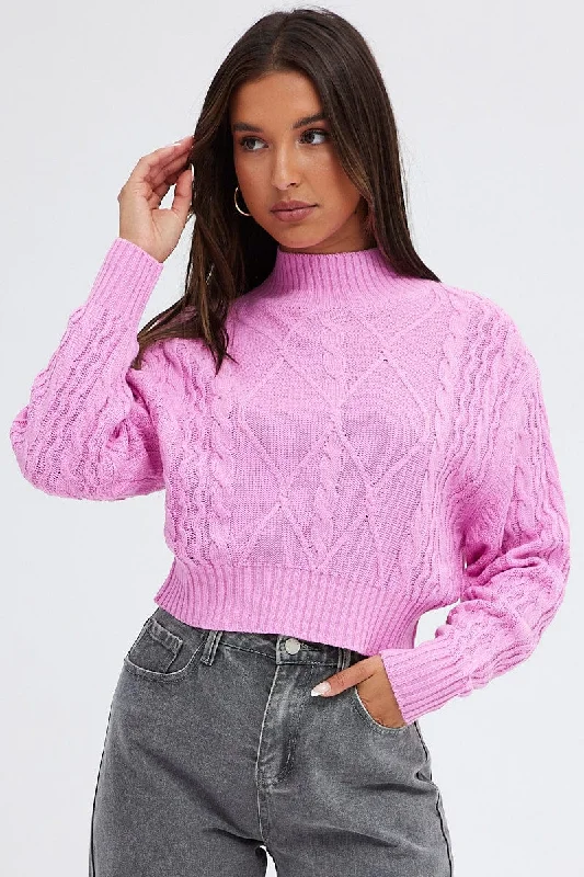 Pink Knit Jumper Long Sleeve Cabled Crop Bold Women's Animal Print