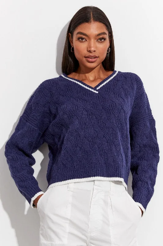 Blue Sweater Long sleeve V neck Laid - back Women's Vibe