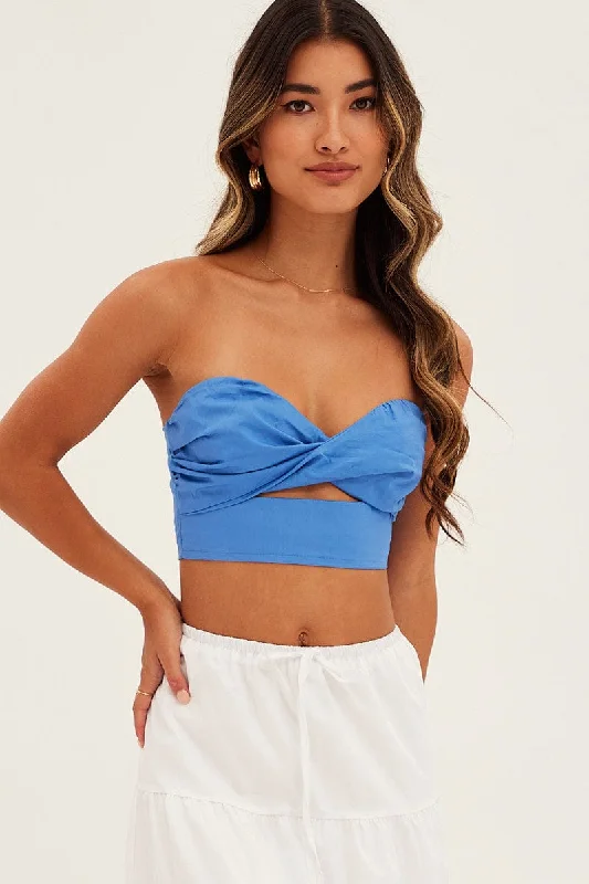 Blue Bandeau Twist Front Sleeveless Crop Refined Women's Classic 