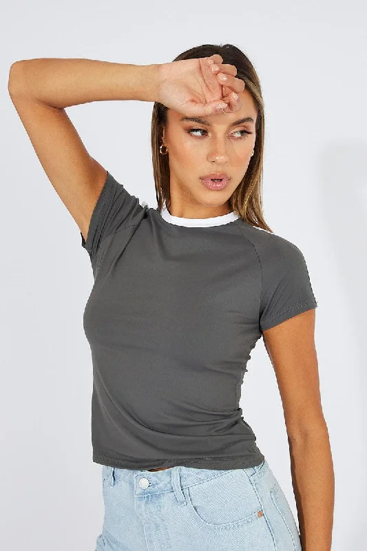 Grey Supersoft Top Short Sleeve Stripe Stylish Women's Neon