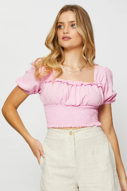 Pink Crop Blouse Short Sleeve Hip Women's Urban