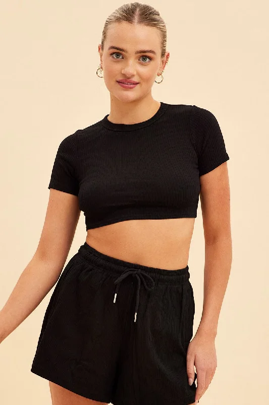 Black Prea Rib Crew Neck Short Sleeve Crop Baby T-Shirt Adventure