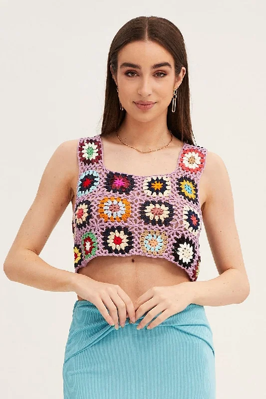 Multi Crochet Top Crop Square Neck