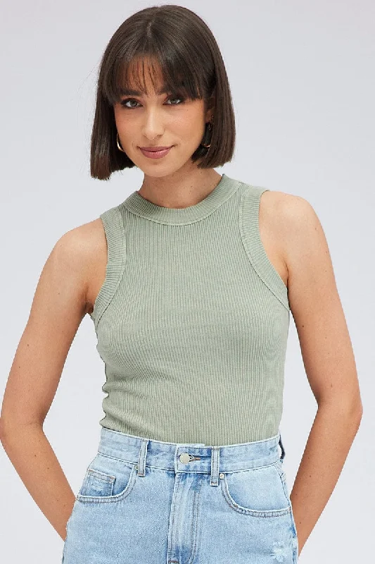 Green Tank Top Sleeveless Crew Neck Washed Cool Women's Skate