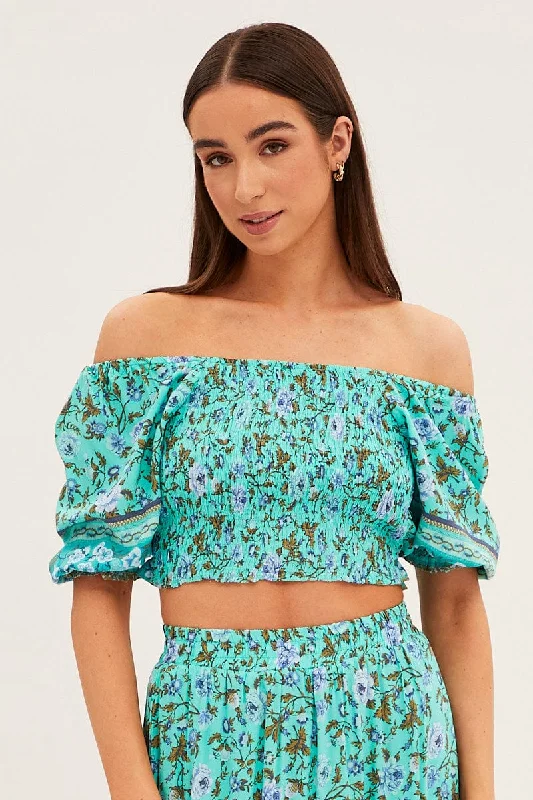Green Frilled Hem Half Puff Sleeve Square Neck Crop Athletic Women's High - 