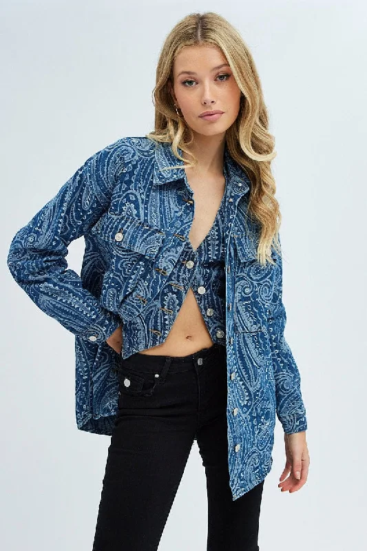 Denim Paisley Shacket Long Sleeve Collared Paisley Denim performance