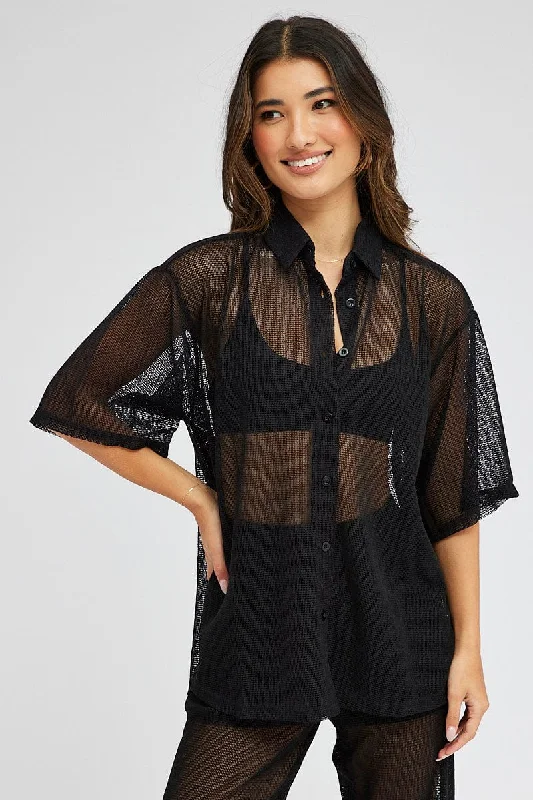 Black Collar Knit Top Short Sleeve Casual Women's Japanese 