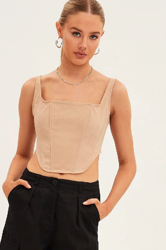Beige Corset Top Sleeveless Square Neck Structured Dynamic Women's High - energy
