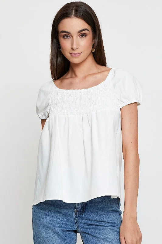 White Shirred Top Short Sleeve