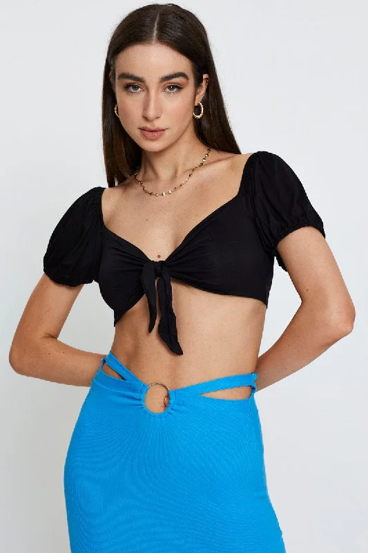 Black Slinky Top Short Sleeve Crop Traditional Women's 