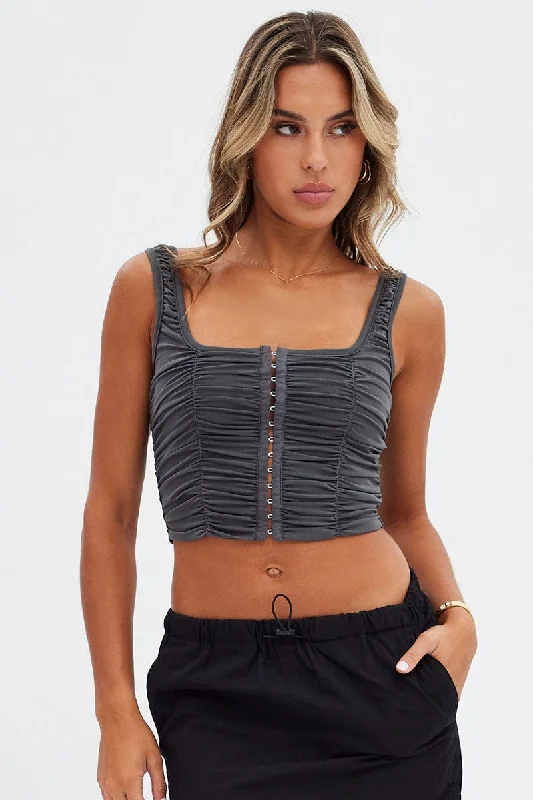 Grey Lace Up Top Sleeveless Mesh Edgy Women's Punk