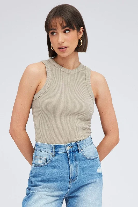 Brown Tank Top Sleeveless Crew Neck Washed Country