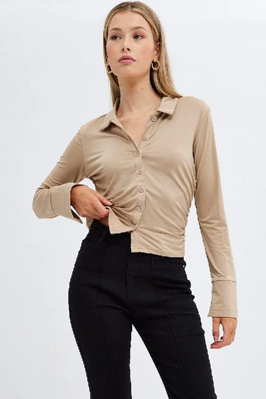 Beige Long Sleeve Shirt Collared Side Ruched Sporty Women's Tennis