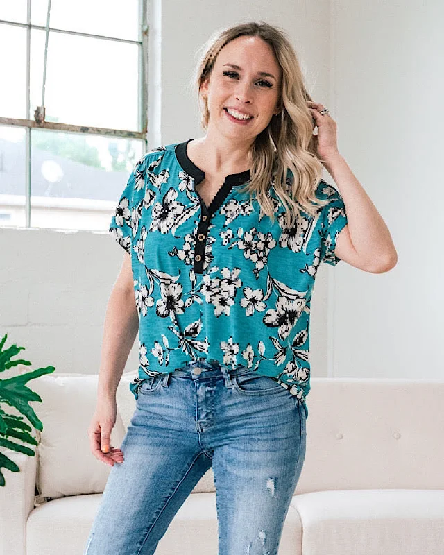 Andrea Floral Drop Shoulder Henley Top - Teal FINAL SALE Vintage Women's 1970S 