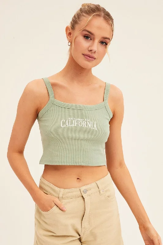 Green Crop Singlet Sleeveless Rib Embroidered