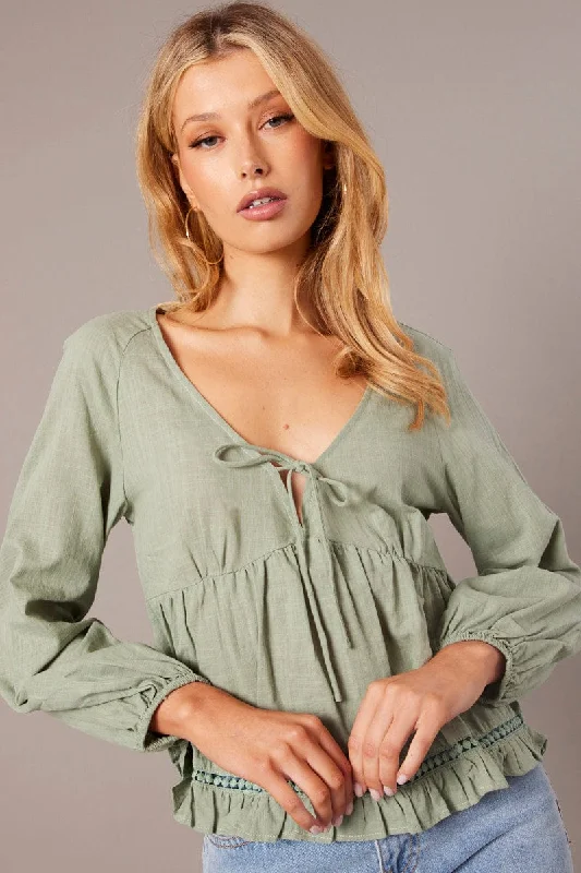 Green Smock Top Long Sleeve