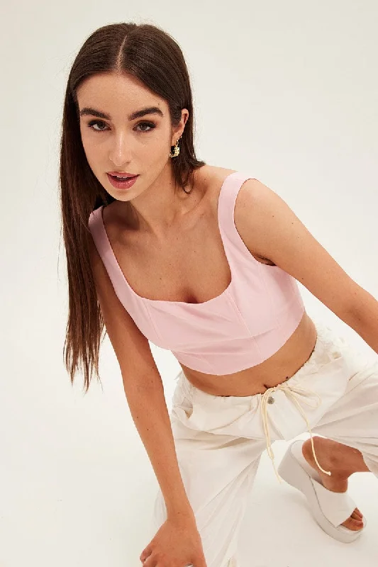 Pink Corset Top Shirred Back Sleeveless Crop Jersey Artistic Women's Avant - 