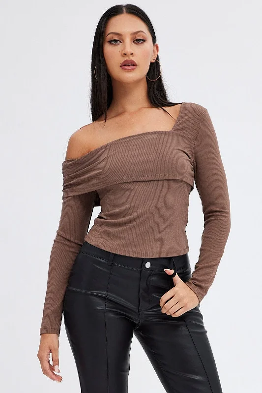 Brown Top One Shoulder Long Sleeve Rib Cashmere