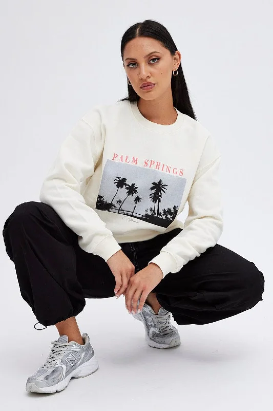 Beige Graphic Cream Sweater Long Sleeve Trendy Women's Oversized