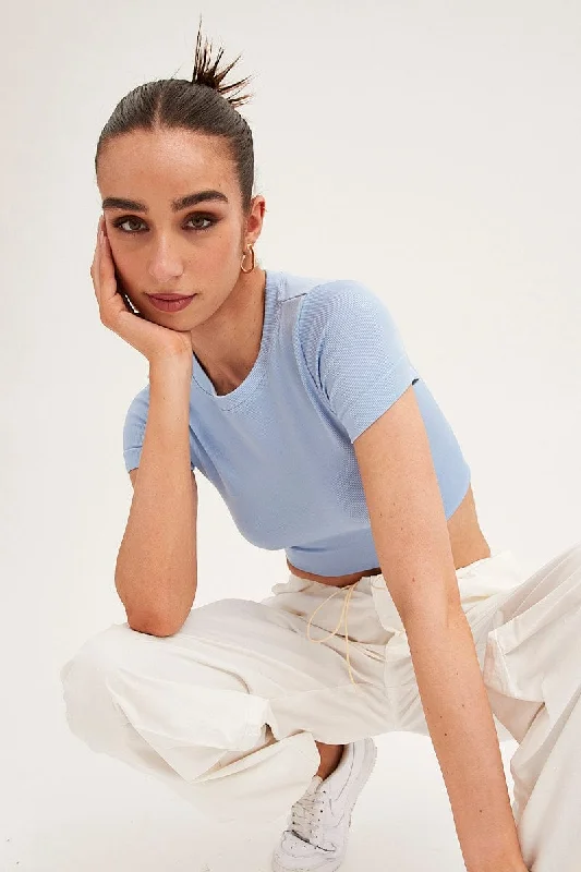 Blue T Shirt Short Sleeve Crew Neck Seamless Classic Women's Tweed