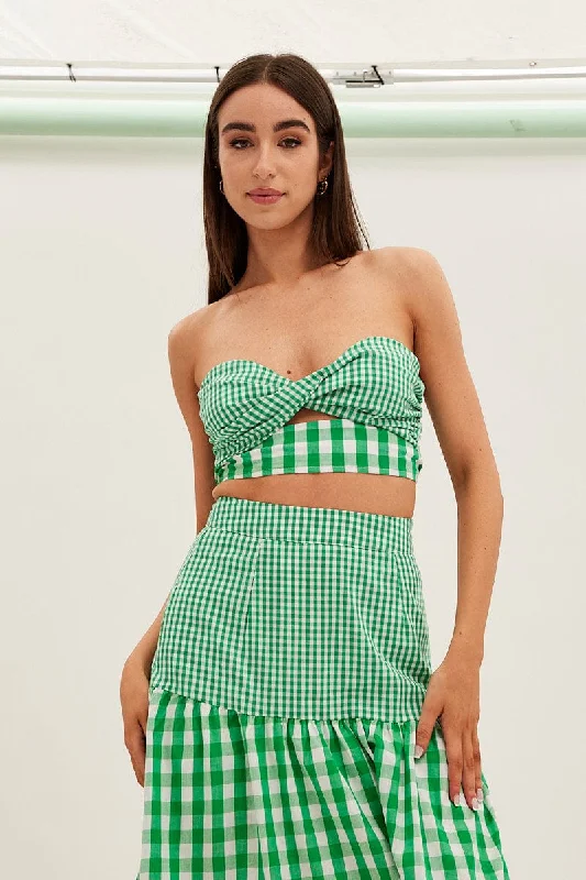 Green Check Bandeau Twist Front Sleeveless Crop Elegant Women's 