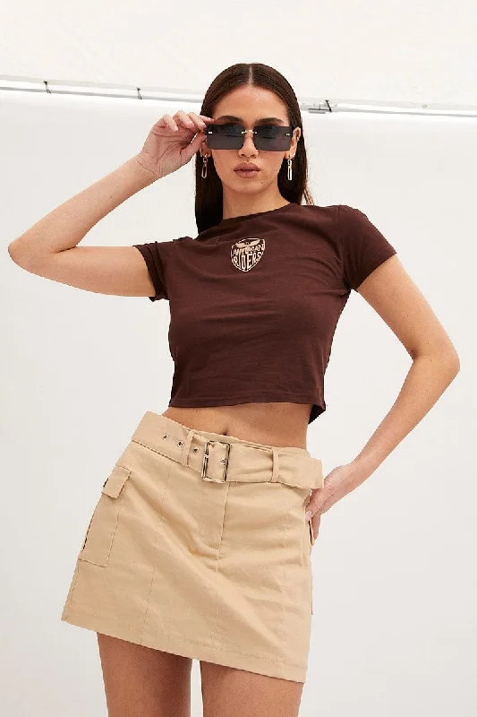 Brown Baby Tee Crew Short Sleeve Graphic Crop Sporty Women's Tennis