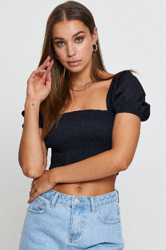 Black Crop Top Short Sleeve Streetwear Style for 