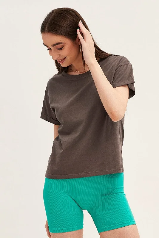 Grey Roll Sleeve Crew Neck Tee Bohemian Women's Free
