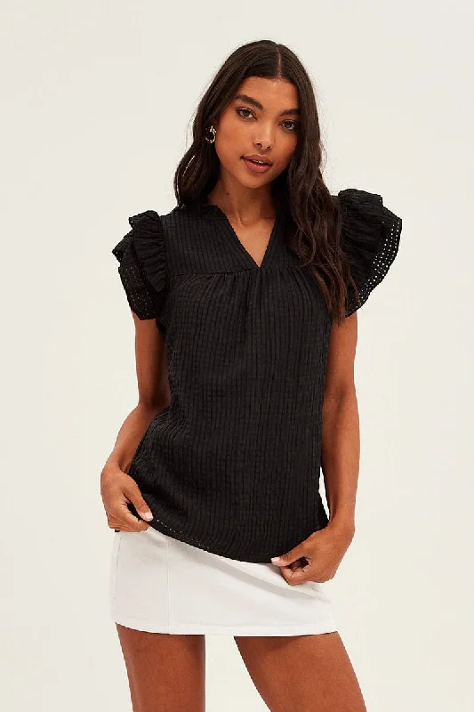Black Ruffle Sleeve Top Artistic Women's Hand - painted